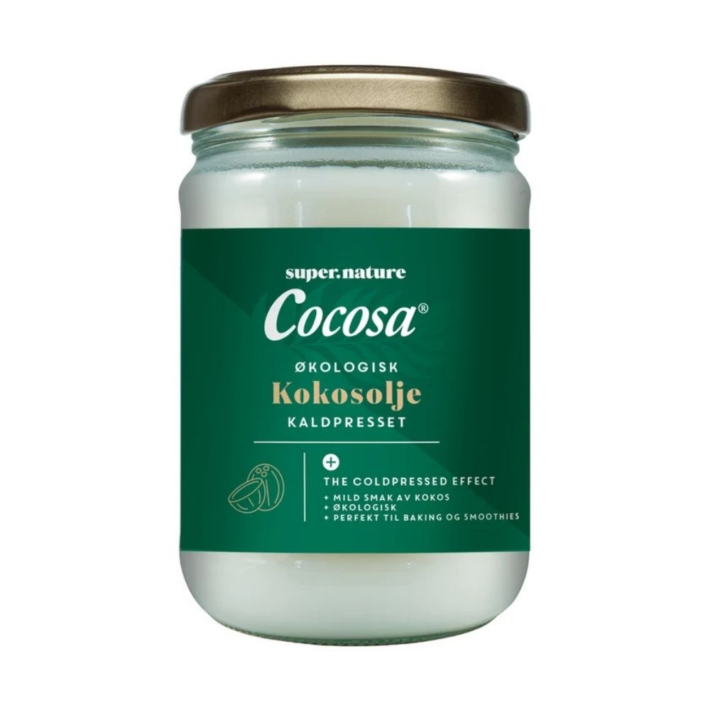 Supernature Cocosa Økologisk Kokosolje Kaldpresset 480ml – glasskrukke med gullkork og grønn etikett