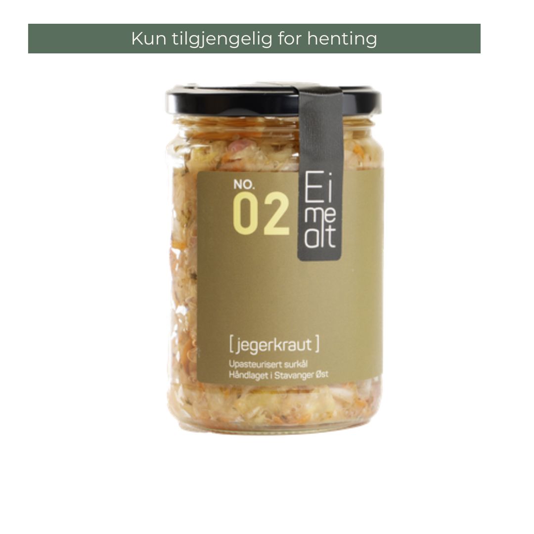 Jegerkraut – håndlaget upasteurisert sauerkraut med tyttebær og einebær fra Stavanger, 390 ml glass