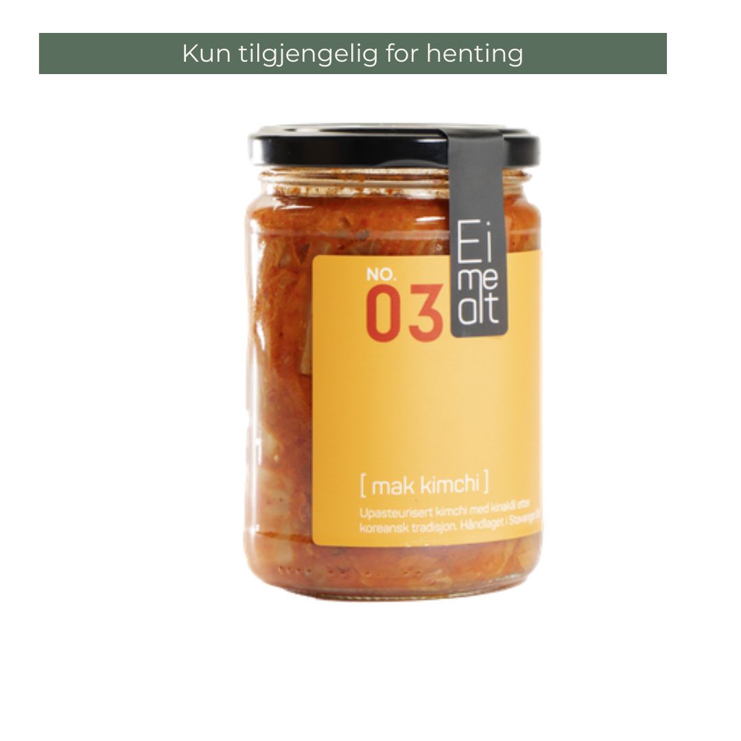 Glass med Eimealt Mak Kimchi, håndlaget og upasteurisert fermentert kinakål med chili, 390 ml