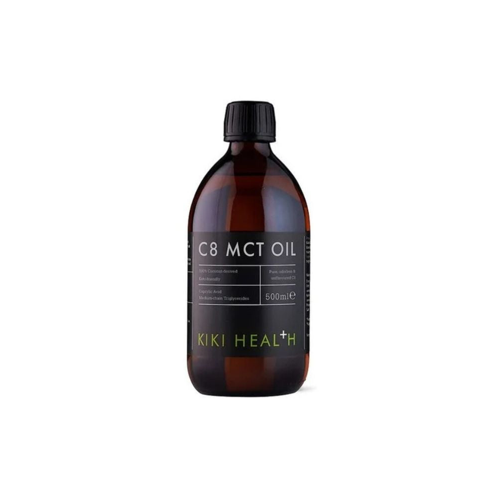 KIKI Health C8 MCT Oil 500ml – mørk glassflaske med svart kork og grønn KIKI Health-logo