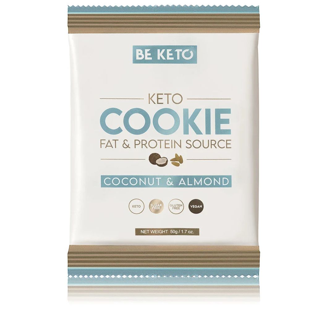 BeKeto Keto Cookie Coconut & Almond – forside, myk keto-cookie med kokos og mandler, 50 g