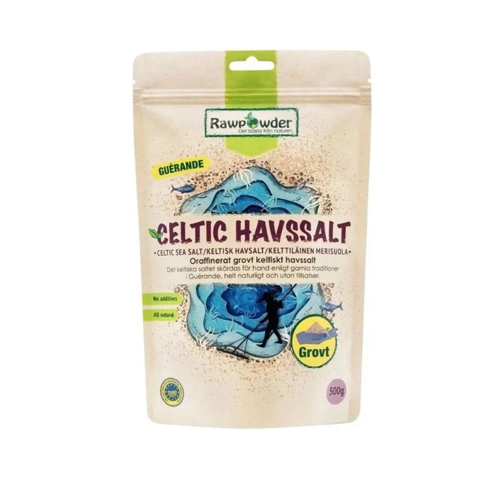Rawpowder Celtic Havssalt Grovt 500 g i pose, sett forfra