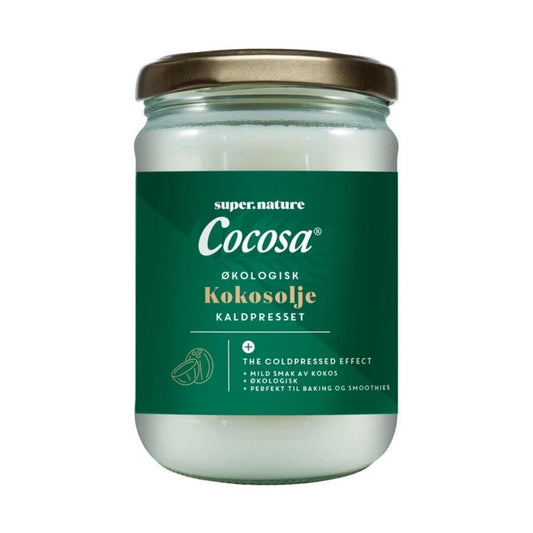 Supernature Cocosa Økologisk Kokosolje Kaldpresset 480ml – glasskrukke med gullkork og grønn etikett