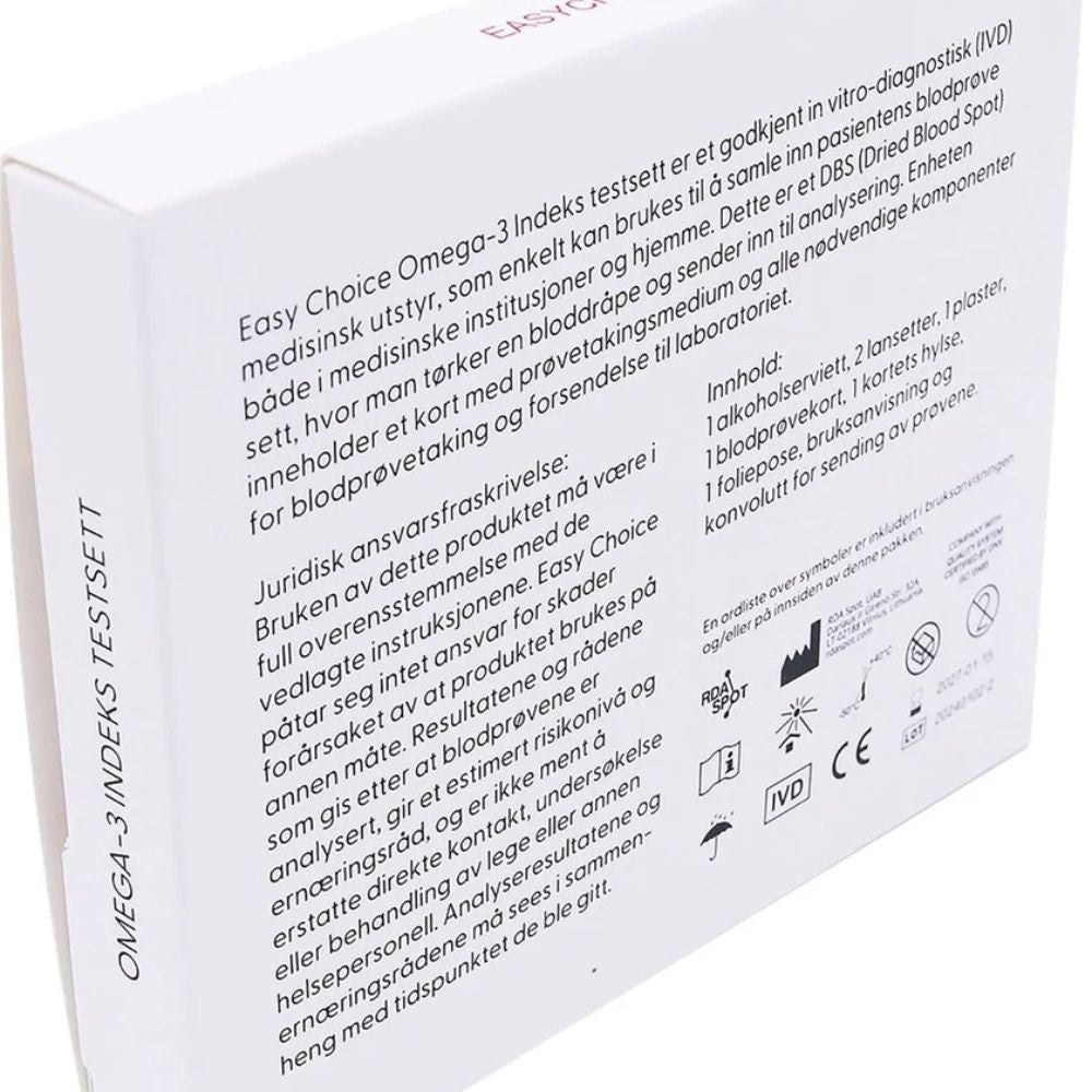 Easychoice Omega-3 Indeks testsett, bakside med produktinformasjon

