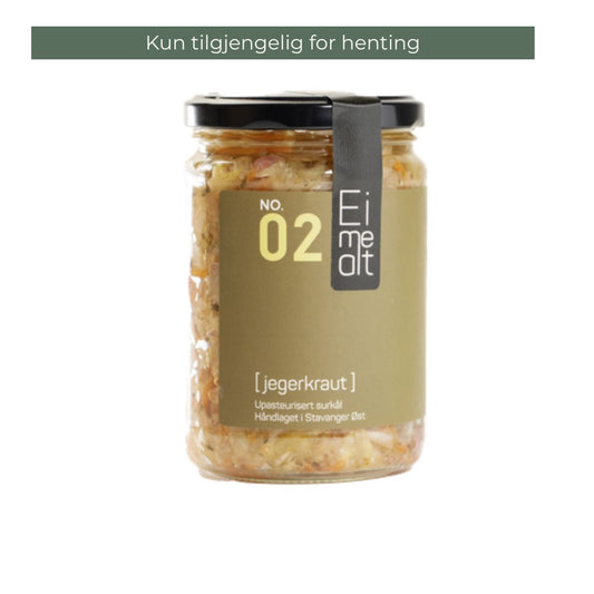 Jegerkraut – håndlaget upasteurisert sauerkraut med tyttebær og einebær fra Stavanger, 390 ml glass