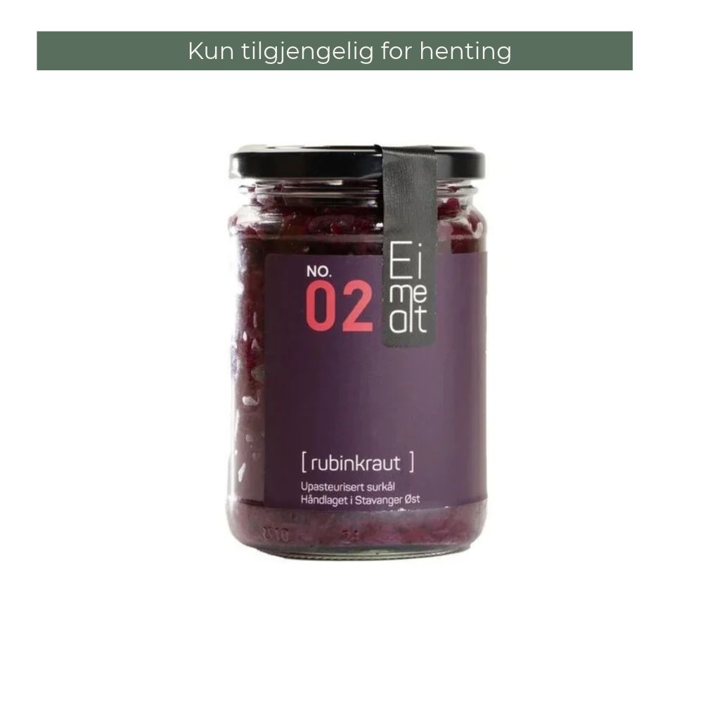 Eimealt Rubinkraut 390 ml i glass med svart lokk og lilla etikett, med teksten «Kun tilgjengelig for henting