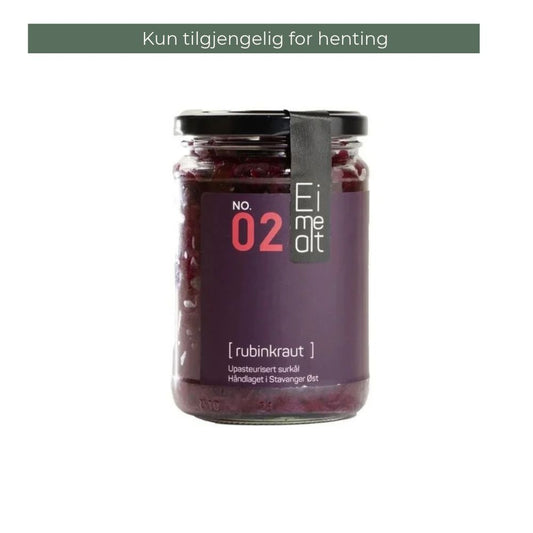Eimealt Rubinkraut 390 ml i glass med svart lokk og lilla etikett, med teksten «Kun tilgjengelig for henting