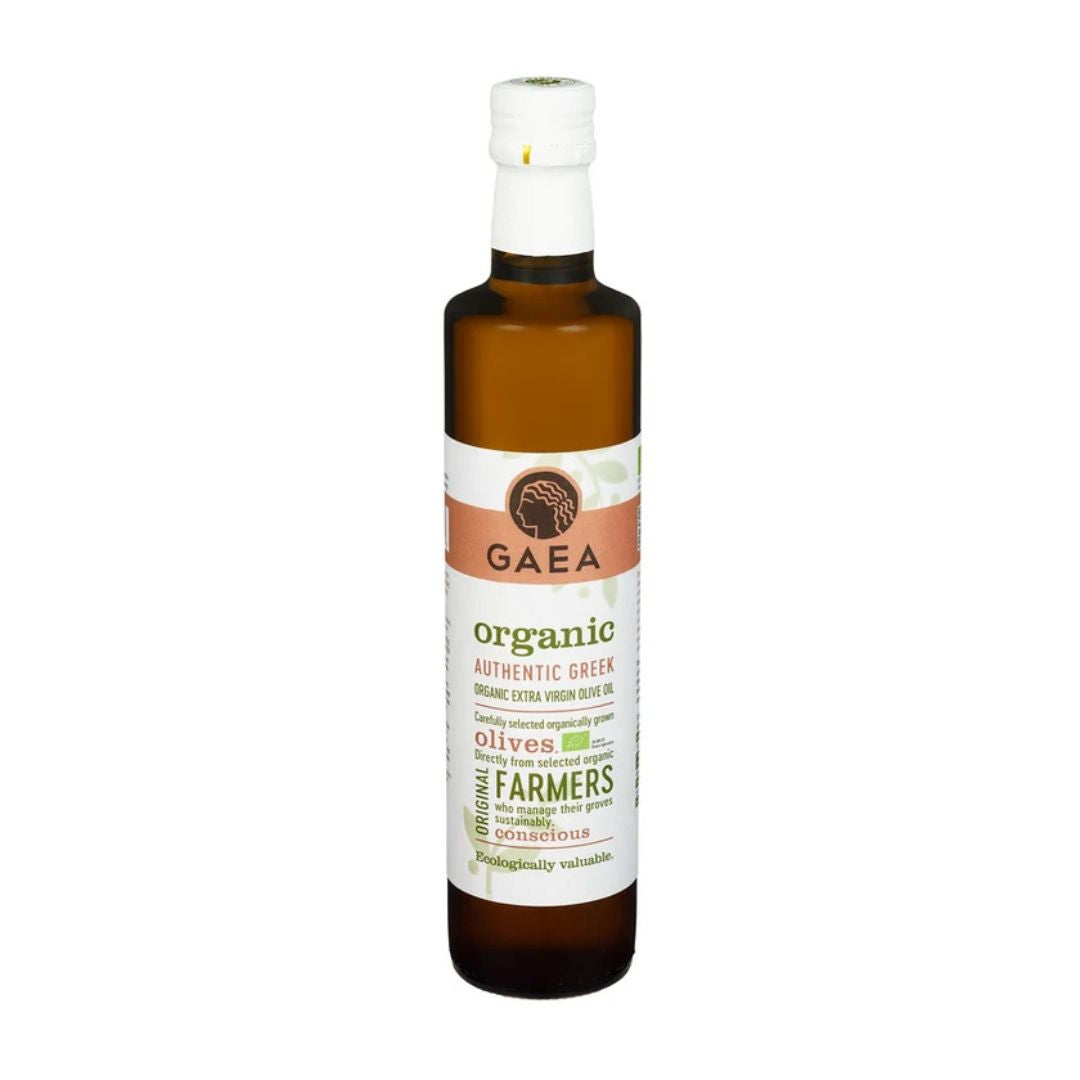GAEA økologisk extra virgin olivenolje i 500 ml flaske, sett forfra