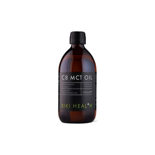 KIKI Health C8 MCT Oil 500ml – mørk glassflaske med svart kork og grønn KIKI Health-logo