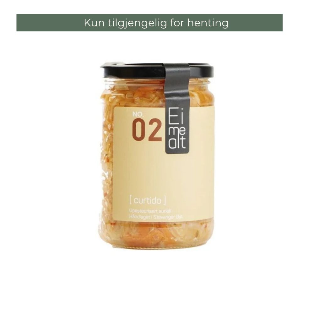 Eimealt Curtido 390 ml i glass med svart lokk, med teksten «Kun tilgjengelig for henting