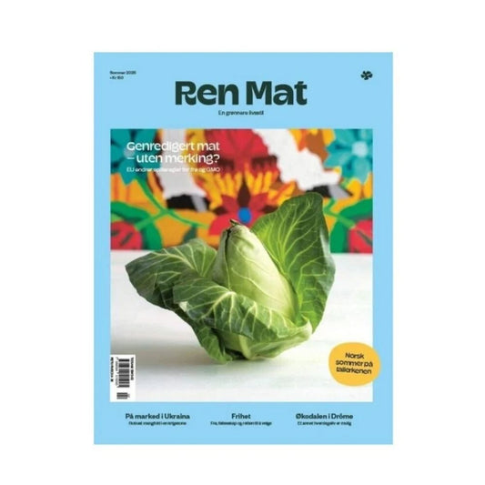 Ren Mat sommermagasin 2026 – lyseblå forside med hodekål og temaet «Genredigert mat – uten merking?»